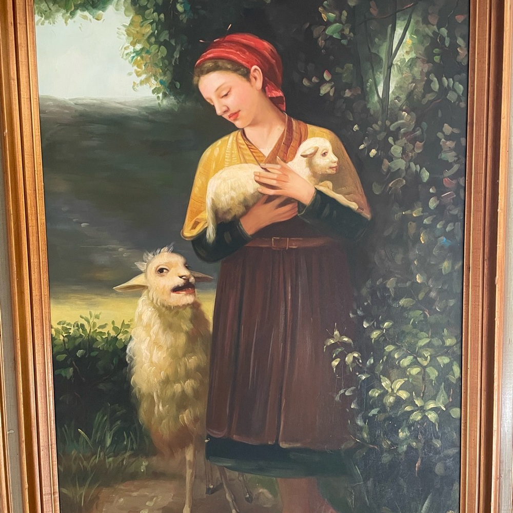 Serene Pastoral Artwork with Woman and Sheep - Red, Yellow, and Brown
